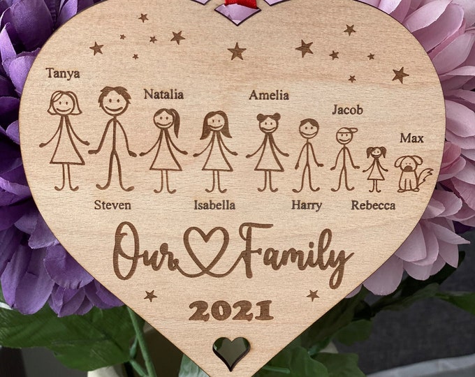 Personalised Family Wall Decoration, Large Hanging Heart, Stick Family, Our Family, Gift for Friends, Wall Decor, Birthday Gift, Family Gift