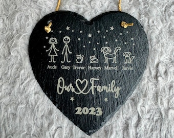 Family Slate Heart Sign, Engraved Heart Sign, Custom Slate Sign, Personalised Family Portrait, Family Gift Ideas, Personalised Wall Decor