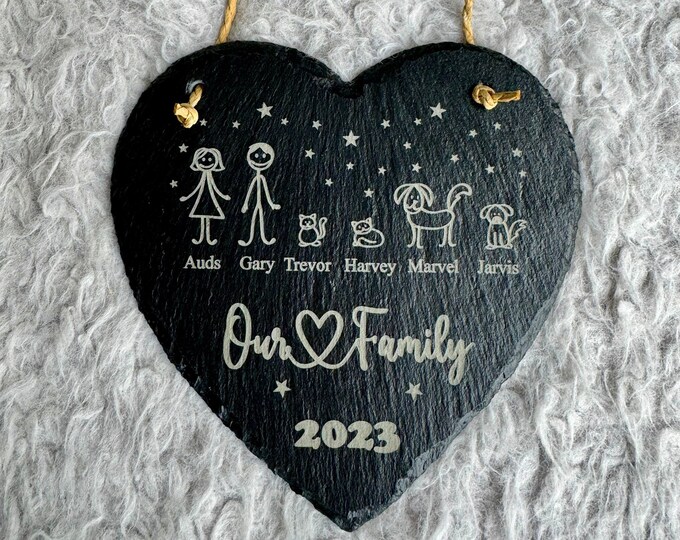 Family Slate Heart Sign, Engraved Heart Sign, Custom Slate Sign, Personalised Family Portrait, Family Gift Ideas, Personalised Wall Decor