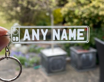 Personalised Car Registration style Acrylic Keyring - Name, Car name, joke gift, Pets Name