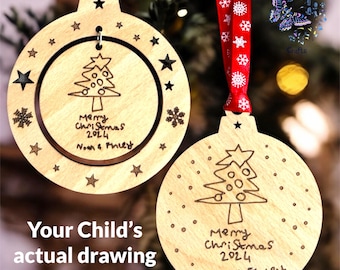 Kids Drawing Christmas Ormament, Childrens Drawing Christmas Tree Decoration, Childrens Art Engraved Xmas Bauble, Personalised Decoration,