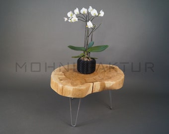 Tree discs solid wood table / ash / oval / night, couch, living room or side table / chrome hair pin table legs / unique
