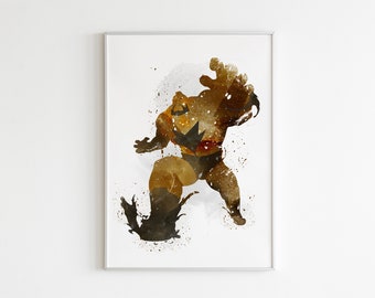 Póster de Zangief: arte de pared de acuarela, decoración de arte de Street Fighter, póster de personaje de juego, arte de pared personalizado.