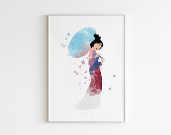 Mulan POSTER: Watercolor wall art, Mulan art decor, cartoon character poster, Disney custom wall art.