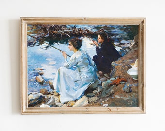 John Singer Sargent POSTER XXVIII: Reproduction of Sargent painting, Two Girls Fishing print, home wall art, Living room decor.