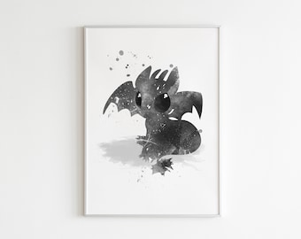 How to Train Your Dragon BW POSTER: Aquarell Wandkunst, Little Dragon Art Dekor, Buch Charakter Poster, individuelle Wandkunst.