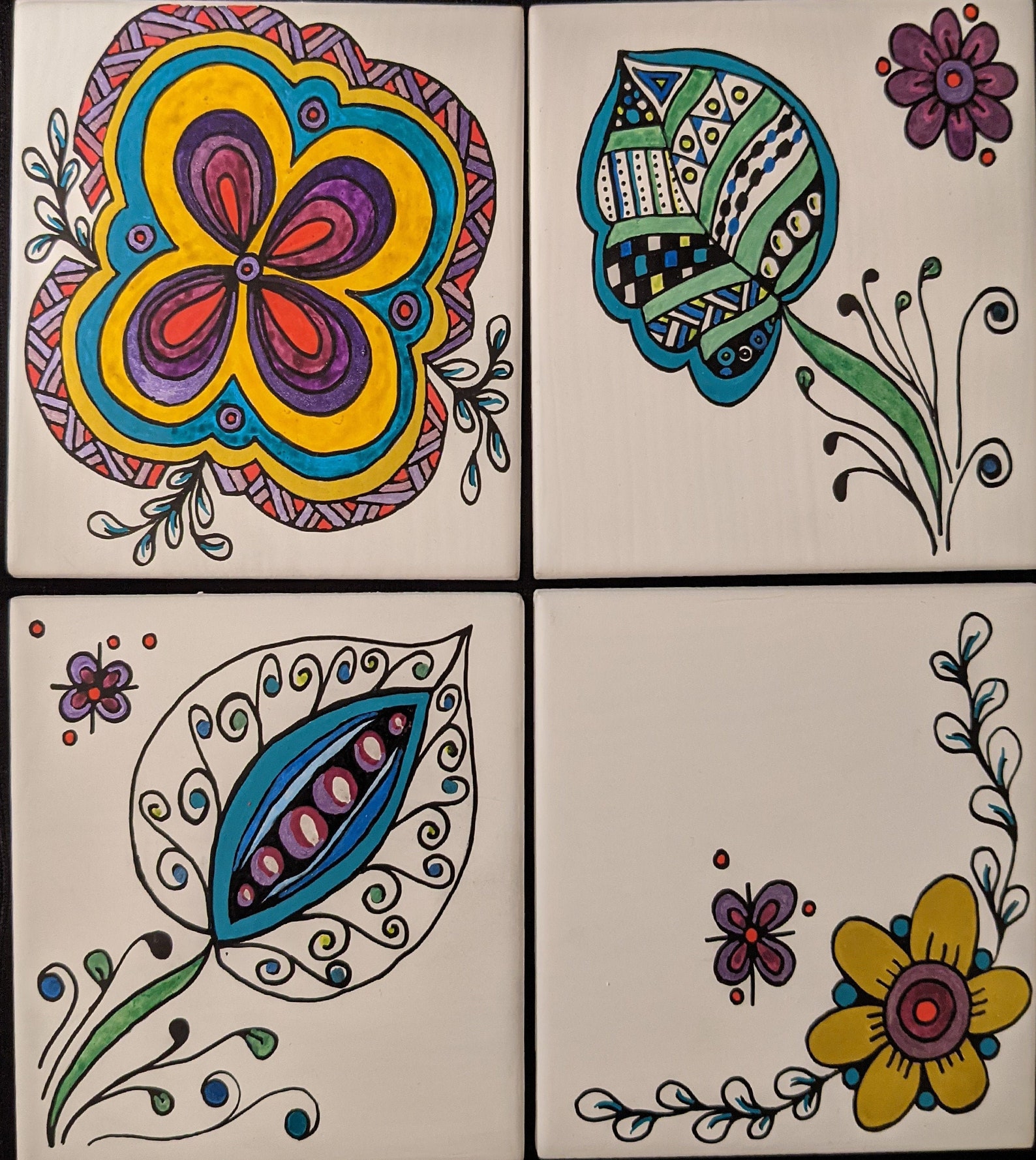 Whimsical Zentangle Inspired Coaster Set of 4 Etsy