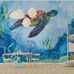 Sea Life Wallpaper/ Ocean Wallpaper/ 3D Floral Ocean Wall Mural/ Blue Sea Colored Fish Wall Mural/ Wallpaper Self-adhesive Removable KB W345