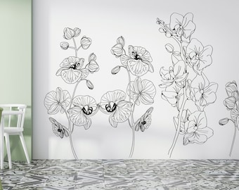 May include: Black and white line art illustration of orchid flowers on a white background. The illustration features five orchid stems with multiple flowers on each stem.