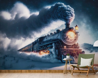 locomotive Wallpaper/ Steam Train Wall Print/ 3D Wall Mural/ Old Steam Locomotive Wall Mural/ Home Wall Mural/ Retro Home Décor (KB W201)