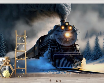 locomotive Wallpaper/ Steam Train Wall Print/ 3D Wall Mural/ Old Steam Locomotive Wall Mural/ Home Wall Mural/ Retro Home Décor (KB W258)