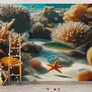 Sea Life Wallpaper/ Ocean Wallpaper/ 3D Floral Ocean Wall Mural/ Blue Sea Colored Fish Wall Mural/ Wallpaper Self-adhesive Removable KB W346