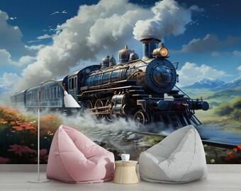 locomotive Wallpaper/ Steam Train Wall Print/ 3D Wall Mural/ Old Steam Locomotive Wall Mural/ Home Wall Mural/ Retro Home Décor (KB W257)