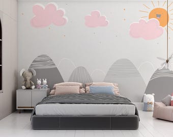 Grey Mountain Wallpaper/ Mountain Wallpaper/ Mountain Nursery Mural Wallpaper/ Scandinavian Wall Mural/ Cloud Kids Room Wall Mural KB W396
