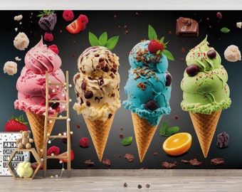 Ice Cream Wall Mural/ 3D Ice Cream Wallpaper/ Ice Cream Wall Art/ Café Wall Mural/ Dining Room Wall Mural/ Restaurant Décor/ KB W287