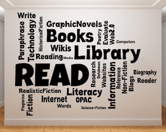 May include: A black and white word cloud with the word "READ" in large letters in the center. The word cloud includes words related to books, libraries, and reading, such as "books", "library", "research", "information", "literacy", "fiction", "non-fiction", "technology", "internet", "wikis", "graphic novels", "poetry", "evaluate", "web 2.0", "computers", "databases", "websites", "reference", "blogs", "biography", "reader", "plagiarize", "words", "science-fiction", and "OPAC".