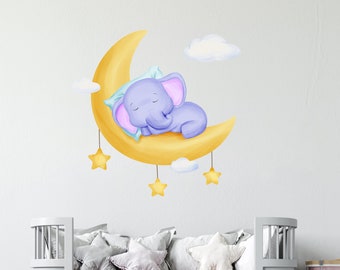 Décalcomanie murale éléphant / Vignette murale éléphant mignonne / Vignette murale pour animaux / Autocollant de pépinière sur le lit / Autocollants de chambre d’enfant (K418)