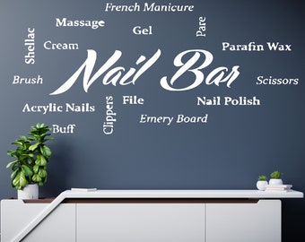 May include: White text on a blue wall reads "Nail Bar" with surrounding words including "Shellac", "Massage", "Cream", "French Manicure", "Gel", "Pare", "Paraffin Wax", "Acrylic Nails", "Buff", "Clippers", "File", "Emery Board", "Scissors", and "Nail Polish".