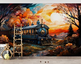 locomotive Wallpaper/ Steam Train Wall Print/ 3D Wall Mural/ Old Steam Locomotive Wall Mural/ Home Wall Mural/ Retro Home Décor (KB W195)
