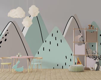 Mountain Wallpaper/ Mountain Nursery Mural Wallpaper/ Nursery Wall Mural/ Scandinavian Style Wallpaper/ Kids Room Wall Mural KB W398