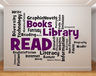 May include: A white wall with a large word cloud in black and purple. The word "READ" is in large purple letters and the rest of the words are in black. The words include "books", "library", "diversity", "technology", "fantasy", "graphic novels", "research", "information", "literacy", "author", "internet", "words", "realistic fiction", "non-fiction", "biography", "reader", "fable", "reference", "websites", "illustrator", "media", "reading", "poetry", "folk tale", "inclusion", "computers", "write", "innovate", "fiction", "science-fiction".