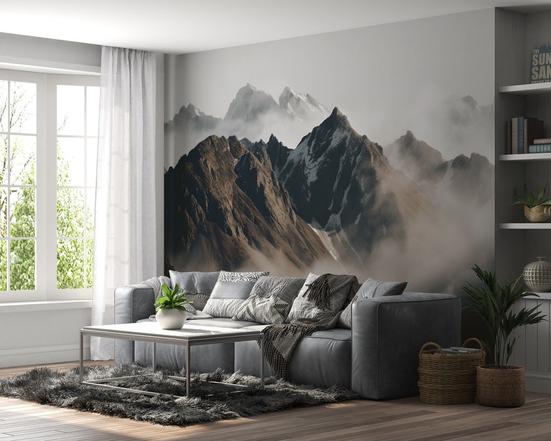 Mountain Wall Mural. Foggy Peaks Vinyl Wallpaper. Modern Bedroom Nature ...