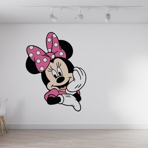 Calcomanía de pared de Minnie Mouse con dibujos animados para decoración de pared infantil, calcomanía personalizada con nombre de Minnie Mouse (K1050)