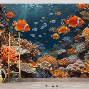 Sea Life Wallpaper/ Ocean Wallpaper/ 3D Floral Ocean Wall Mural/ Blue Sea Colored Fish Wall Mural/ Wallpaper Self-adhesive Removable KB W348