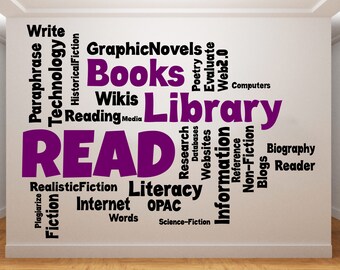 May include: A white wall with a black and purple word cloud that says "READ" in large purple letters. The word cloud includes words related to libraries, books, and reading, such as "books", "library", "research", "information", "literacy", "internet", "wiki", "graphic novels", "poetry", "evaluate", "web 2.0", "computers", "databases", "websites", "reference", "non-fiction", "blogs", "biography", "reader", "realistic fiction", "science fiction", "opac", "words", "plagiarize", "fiction", "technology", "historical fiction", "write", "paraphrase", and "reading".