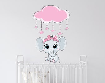 Elephant Wall Decal/ Cute Elephant Wall Decals/Animals wall decal/Nursery Sticker Over the Bed/ Little Girls Nursery Stickers (K416)