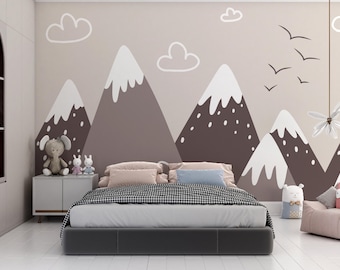 Grey Mountain Wallpaper/ Mountain Wallpaper/ Mountain Nursery Mural Wallpaper/ Boho Nursery Wall Mural/ Cloud Kids Room Wall Mural KB W392