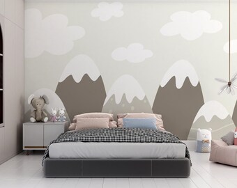 Grey Mountain Wallpaper/ Mountain Wallpaper/ Mountain Nursery Mural Wallpaper/ Scandinavian Wall Mural/ Cloud Kids Room Wall Mural KB W399