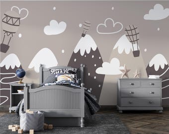 Graue Tapete mit Bergen/ Tapete mit Bergen/ Kinderzimmer Wandbild mit Bergen/ Boho Wandbild/ Wolke Kinderzimmer Wandbild KB W394