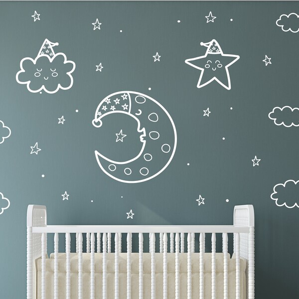 Cloud and Stars Vinyl Deca/ Cloud Moon Star Vinyl Sticke/Baby Room Wall decal (K189)