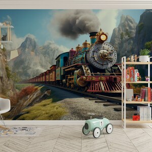 May include: A vintage steam train travels through a mountain pass. The train is blue, red, and gold with smoke billowing from the chimney. The train is traveling through a valley with mountains in the background.