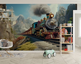 locomotive Wallpaper/ Steam Train Wall Print/ 3D Wall Mural/ Old Steam Locomotive Wall Mural/ Home Wall Mural/ Retro Home Décor (KB W192)