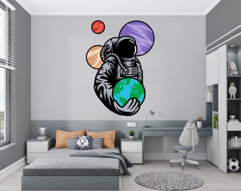 Astronaut Wall Decal/ Astronaut Wall Decor/ Space Wall Decal/ Earth Wall Decal / Planets Wall Decal/  (K780)