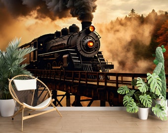 locomotive Wallpaper/ Steam Train Wall Print/ 3D Wall Mural/ Old Steam Locomotive Wall Mural/ Home Wall Mural/ Retro Home Décor (KB W194)