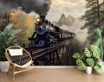 locomotive Wallpaper/ Steam Train Wall Print/ 3D Wall Mural/ Old Steam Locomotive Wall Mural/ Home Wall Mural/ Retro Home Décor (KB W199)