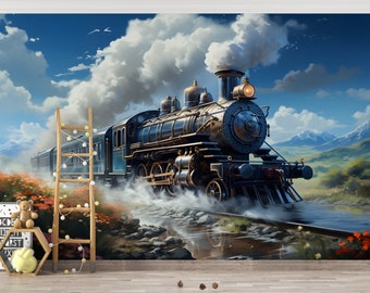 locomotive Wallpaper/ Steam Train Wall Print/ 3D Wall Mural/ Old Steam Locomotive Wall Mural/ Home Wall Mural/ Retro Home Décor (KB W200)