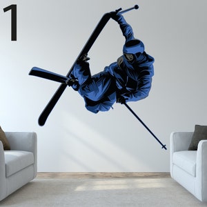 May include: A blue silhouette of a skier performing a trick on skis with ski poles. The skier is wearing a helmet and a blue ski suit. The image is on a white background.