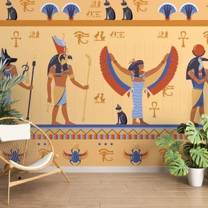 Ancient Egypt Gods Mural/ Egyptian Wall Mural/ Egyptian Gods Wall Mural/ Cat Sphinx Wall Mural/ Sphinx Wallpaper/ 3D Wall Mural (KB W371)