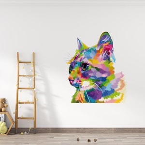 Cat Wall Decal/ Colorful Wall Decal/ Cat Pattern Decal for Nursery/ Cat Face Vinyl Wall Decal/ Wall Sticker in Pop Art Style/ K1456