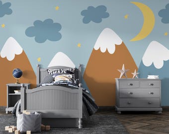 Mountain Wallpaper/ Mountain Nursery Mural Wallpaper/ Nursery Wall Mural/ Scandinavian Style Wallpaper/ Sun Kids Room Wall Mural KB W395