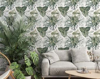 Tropical Wallpaper/ Monstera Wallpaper/ Removable Wallpaper/ leaves wallpaper/ Leafy Removable Wallpaper/ Monstera Leaf Wallpaper (KB W43)