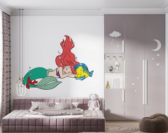 Ariel Wall Decal/ Little Mermaid Wall Decal/ Mermaid Decal Kids Wall Decal/ Cartoon Wall Décor/ Personalized Name Wall Decal (K1170)