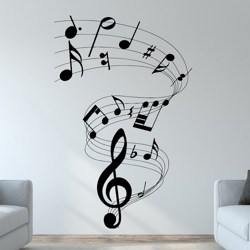 Stickers Muraux Fille Soufflant Un Pissenlit - Notes De Musique Aquarelle - Déco Salon, Chambre, Bureau - Autocollant Facile à Poser