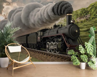 locomotive Wallpaper/ Steam Train Wall Print/ 3D Wall Mural/ Old Steam Locomotive Wall Mural/ Home Wall Mural/ Retro Home Décor (KB W402)