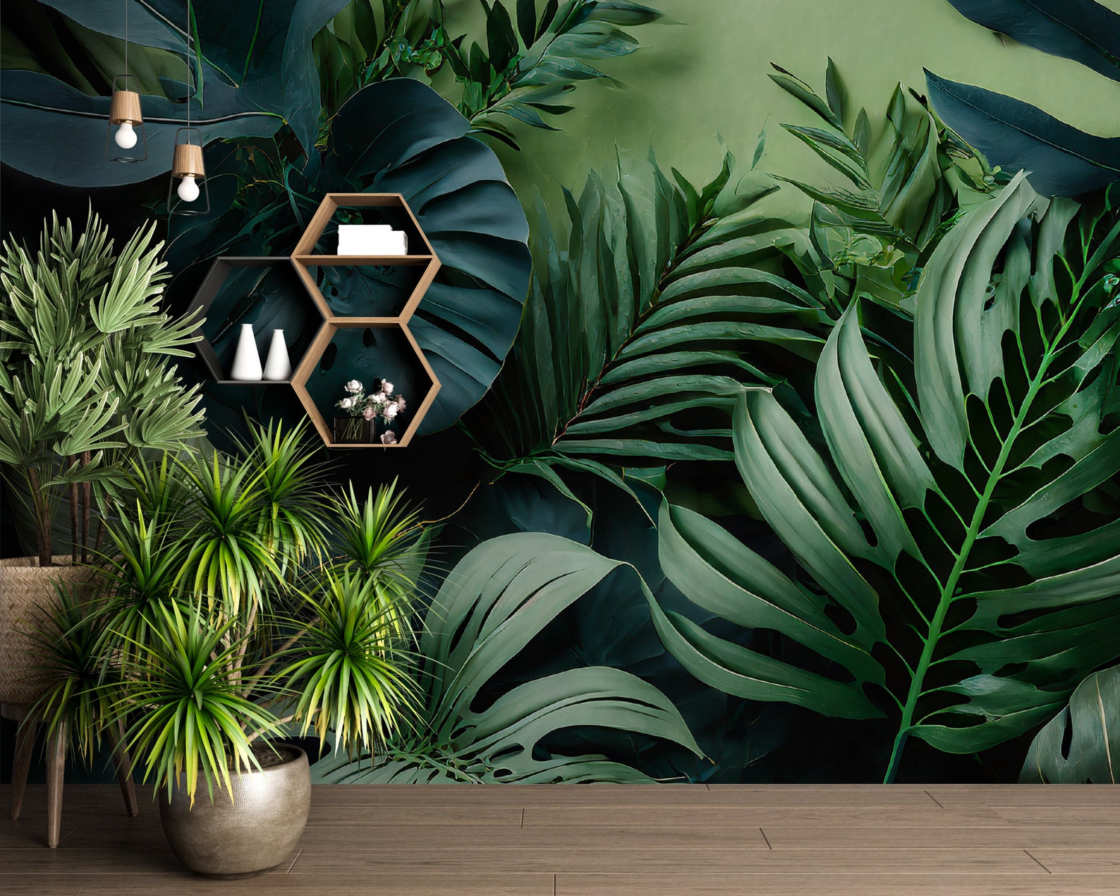 Curated visual reference: Tropical Wall Mural Green Wall Mural Leafy Removable Wallpaper Green Photo Inspiration