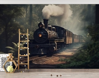 locomotive Wallpaper/ Steam Train Wall Print/ 3D Wall Mural/ Old Steam Locomotive Wall Mural/ Home Wall Mural/ Retro Home Décor (KB W198)